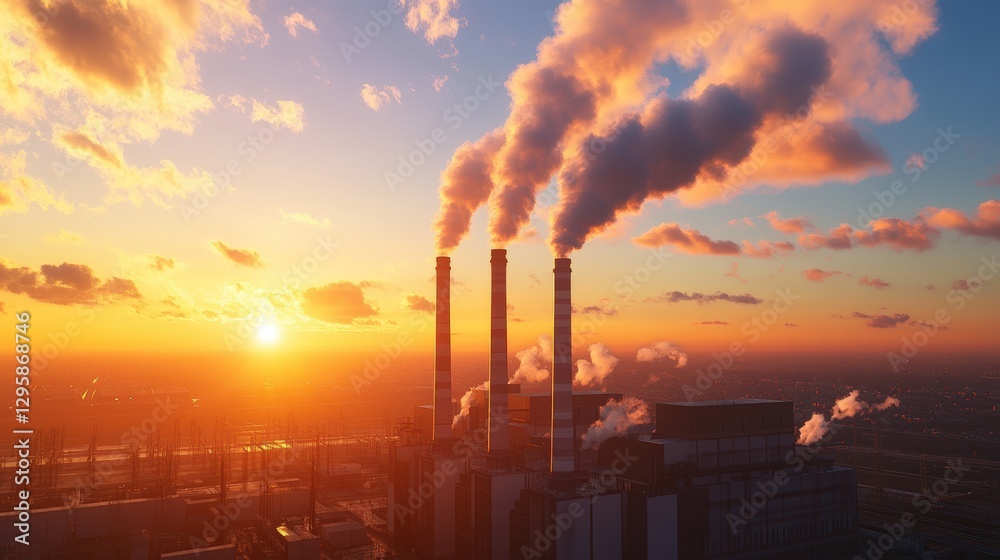 Obraz premium Industrial factory with smoke emissions and machinery in a production environment during daytime