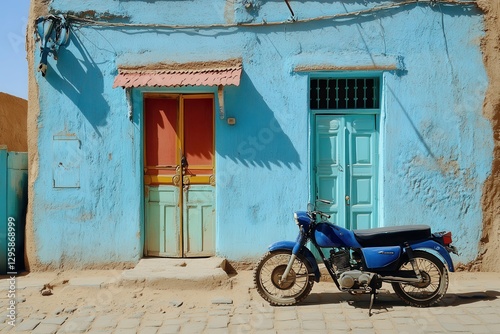 Nubia: Ancient African Architecture in Aswan with Traditional Blue Buildings and Authentic Motorbike