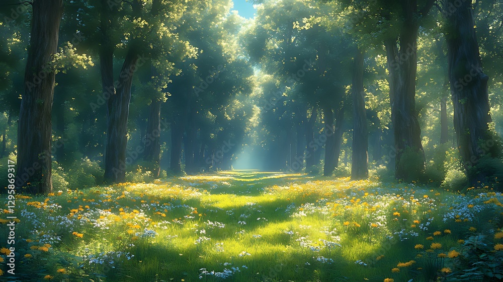 Obraz premium Sunlit path through flowering forest, summer