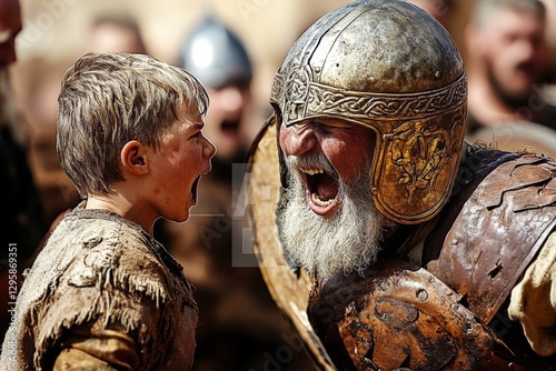 Young warrior shouts defiantly at armored knight during fierce medieval battle preparation photo