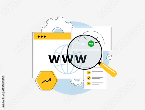 Domain authority in SEO concept with aged web domains, quality backlinks and trustworthiness. Authority, relevance and credibility improve ranking and search visibility through strong link building