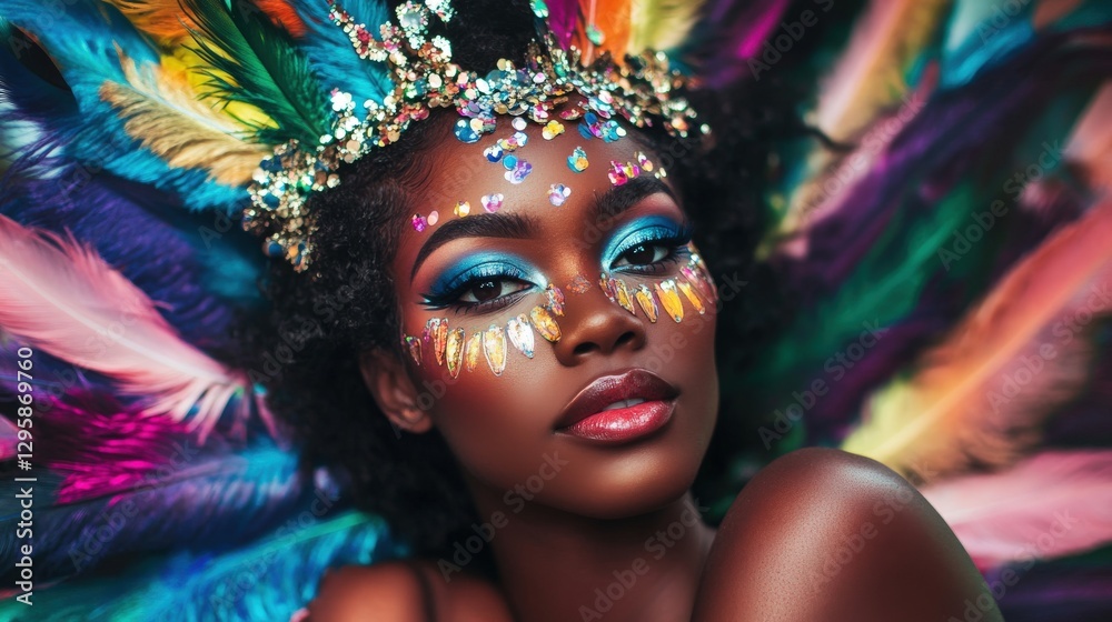 Woman adorned in vibrant carnival headdress and makeup Woman adorned in vibrant carnival headdress and makeup