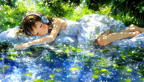 A girl wearing headphones naps peacefully in a serene water setting