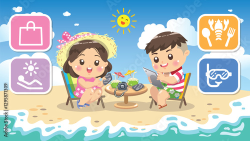 Happy Boy and Girl Thinking About Seafood Menu at the Beach Summer Concept