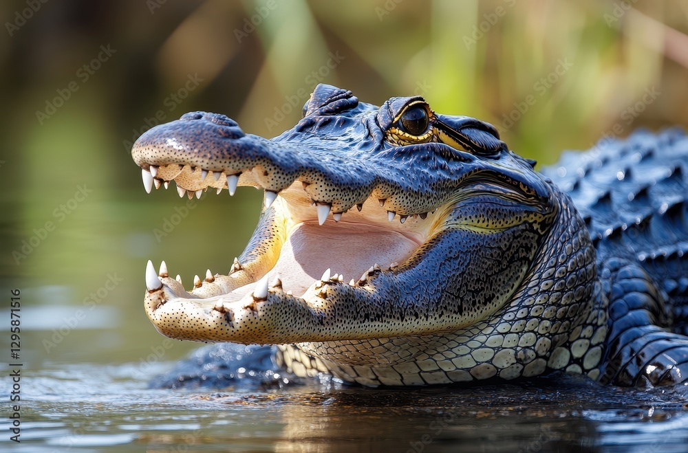 Obraz premium Close-up of a Large Alligator with Open Mouth Displaying Sharp Teeth in Wetland Habitat During Sunny Day, Capturing Wildlife in Natural Environment