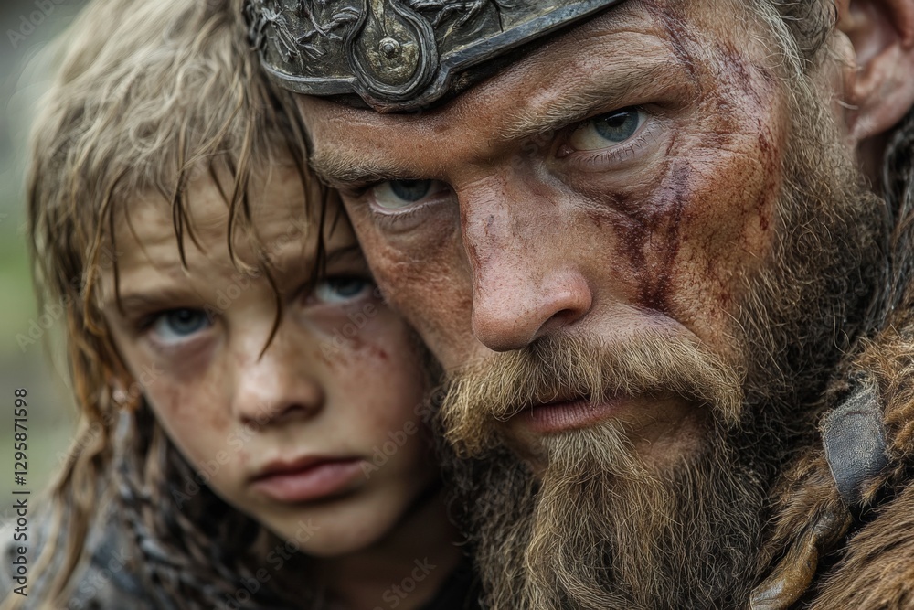 Depiction of a fierce warrior and a young boy in a rugged, battle-scarred environment during ancient times Depiction of a fierce warrior and a young boy in a rugged, battle-scarred environment during ancient times