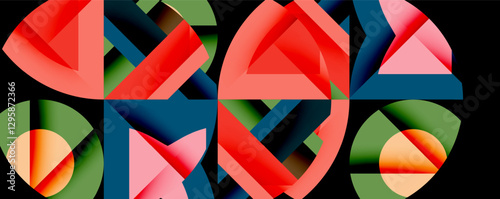 Abstract geometric composition with interlocking circular and angular shapes, featuring smooth gradients and sharp contrasts on a white background