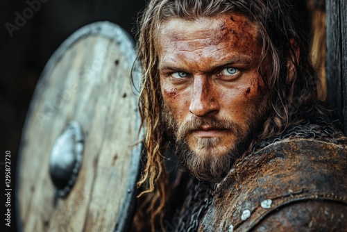 Intense warrior preparing for battle in a rugged outdoor environment during ancient times