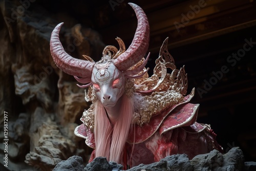 A fantastical creature with large, curved horns and intricate golden armor. Its face is adorned with glowing red eyes and long, flowing hair. The creature is set against a rocky background. photo