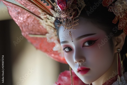 A close-up portrait of a young woman in traditional Asian attire, featuring intricate makeup and a decorative headdress. The soft lighting highlights her striking features and the details.