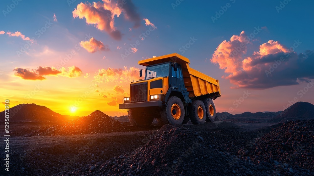 A large yellow dump truck is parked at sunset on rough terrain A large yellow dump truck is parked at sunset on rough terrain