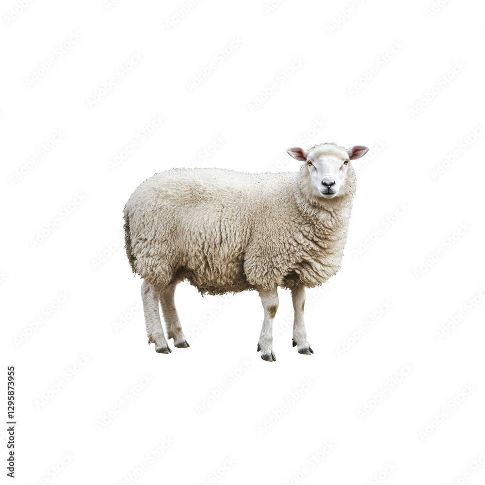 Adorable White Sheep Standing on Grass Isolated on a White Background Adorable White Sheep Standing on Grass Isolated on a White Background