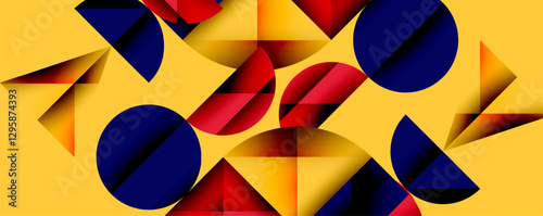 Abstract geometric pattern with intersecting circles and triangles in gradients. The high-contrast composition creates depth and a dynamic, modern aesthetic