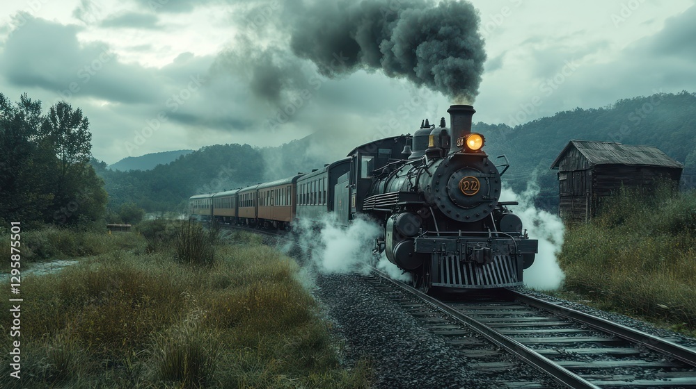 Obraz premium Steam train journey, mountain mist