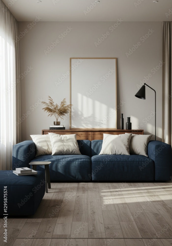 Fototapeta premium Home Frame mockup. Living room wall blank poster mock up. Interior mock-up with house background. Modern interior design. 3D render