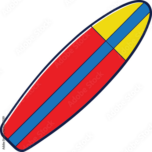 "Vibrant Red and Blue Surfboard Vector Illustration with Yellow Outline - Perfect for Surfing Enthusiasts