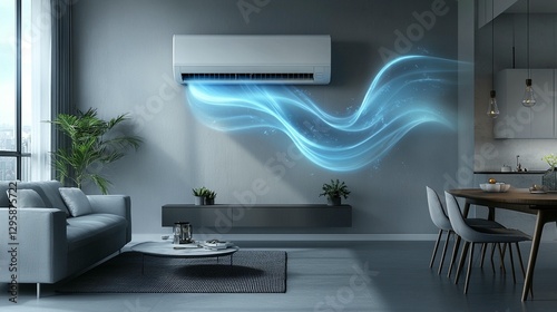 Modern air conditioner in a stylish living room, blowing cool air. (1)