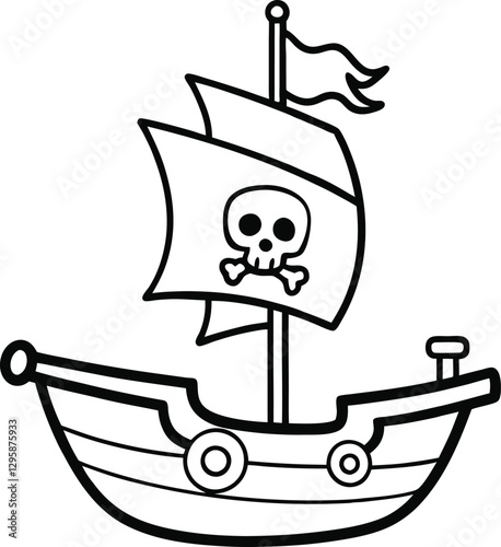 Pirate Ship Coloring Page Vector Illustration with Skull and Crossbones on Sails for Kids