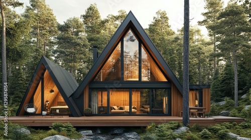 Modern A-frame cabin in a forest setting, showcasing large windows, wooden exterior, and deck.