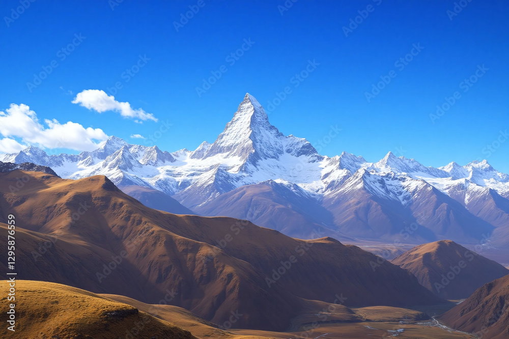 Fototapeta premium Mountain range snow covered peaks blue sky rolling hills grass