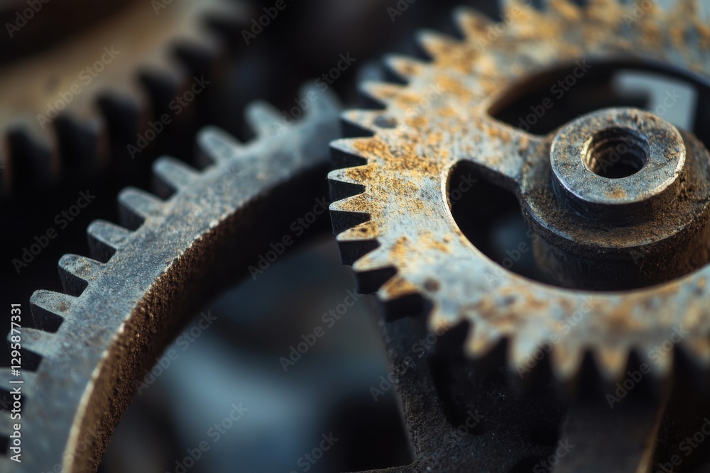 A highly detailed close-up view of a set of interconnected metal gears and cogs. The gears are textured A highly detailed close-up view of a set of interconnected metal gears and cogs. The gears are textured