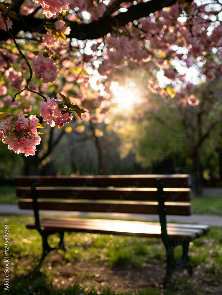 Park bench under blooming trees, springtime beauty. Park bench under blooming trees, springtime beauty.