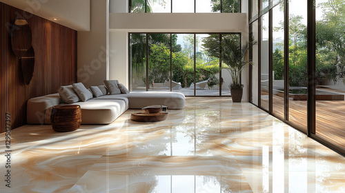 Modern living room with polished marble floors and patio views