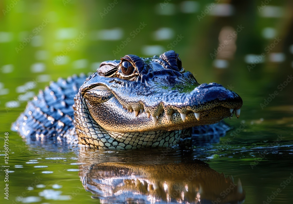 Close-up of a Magnificent Alligator in Calm Water Surrounded by Lush Greenery, Showcasing Intricate Scales and Fierce Expression Under Bright Sunlight Close-up of a Magnificent Alligator in Calm Water Surrounded by Lush Greenery, Showcasing Intricate Scales and Fierce Expression Under Bright Sunlight