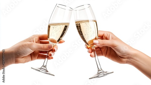 Two hands toasting with champagne glasses filled with sparkling wine isolated on white background for celebration