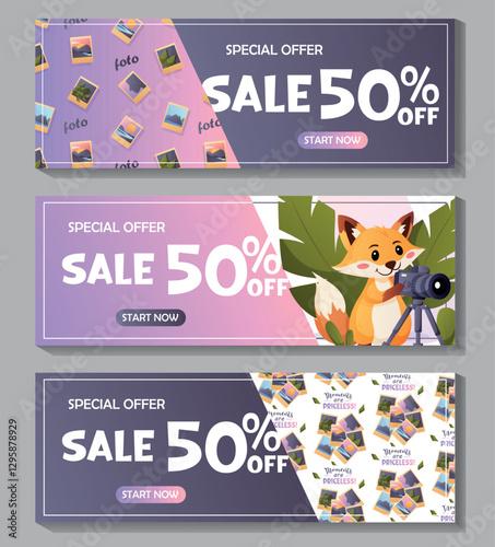 Three horizontal banners featuring a fifty percent discount offer, photo prints, a camera, and a fox cub. Perfect for promoting photoshoots.  