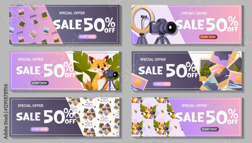 Six horizontal promotional banners featuring a camera, photo prints, a fox cub, and a text about a fifty percent discount. Perfect for advertising photography services.  