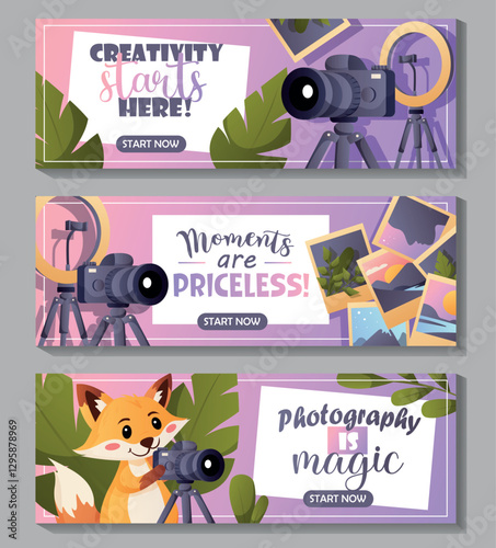 Three horizontal banners featuring a camera, photo prints, a fox cub, and text about creativity, the magic of photography, and priceless moments.  