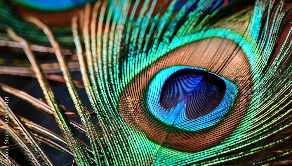 Naklejka premium Close-Up of a Peacock Feather, Highlighting the Iridescent Colors and Intricate Patterns