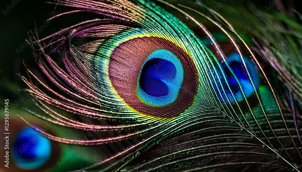 Fototapeta premium Close-Up of a Peacock Feather, Highlighting the Iridescent Colors and Intricate Patterns