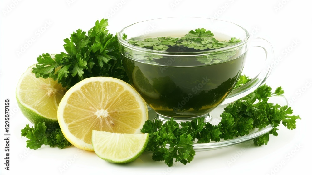 Parsley Tea with Lemon and Lime Slices on White Background. Top View of Refreshing Herbal Beverage Parsley Tea with Lemon and Lime Slices on White Background. Top View of Refreshing Herbal Beverage