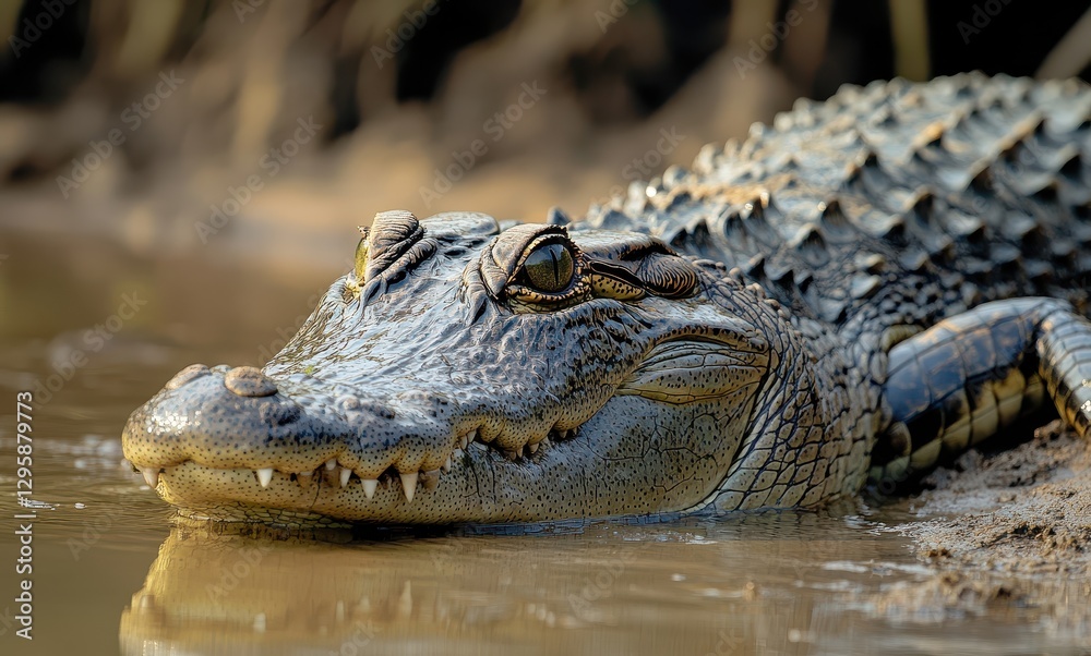 Obraz premium Close-Up of a Majestic Crocodile Posing Calmly by a Water Body with Intricate Textures and Natural Habitat Surroundings