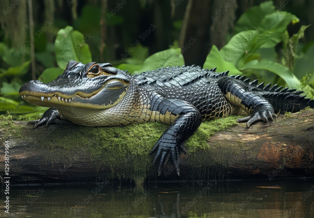 Obraz premium Close-up of a majestic crocodile resting on a moss-covered log beside still water surrounded by lush tropical vegetation in a serene natural habitat