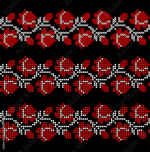 Vector Ukrainian ornament – three decorative embroidered borders with pixel-style flowers and leaves in ethnic design