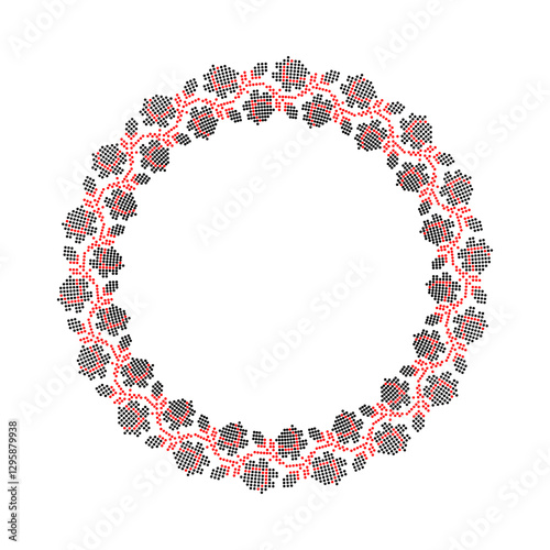 Vector circular ornament with Ukrainian embroidery – traditional floral pattern in pixel style