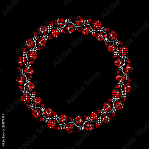 Vector circular ornament with Ukrainian embroidery – traditional floral pattern in pixel style