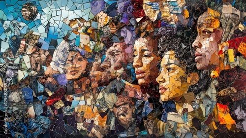 Artistic mosaic of diverse faces urban gallery digital artwork colorful environment close-up view cultural reflection