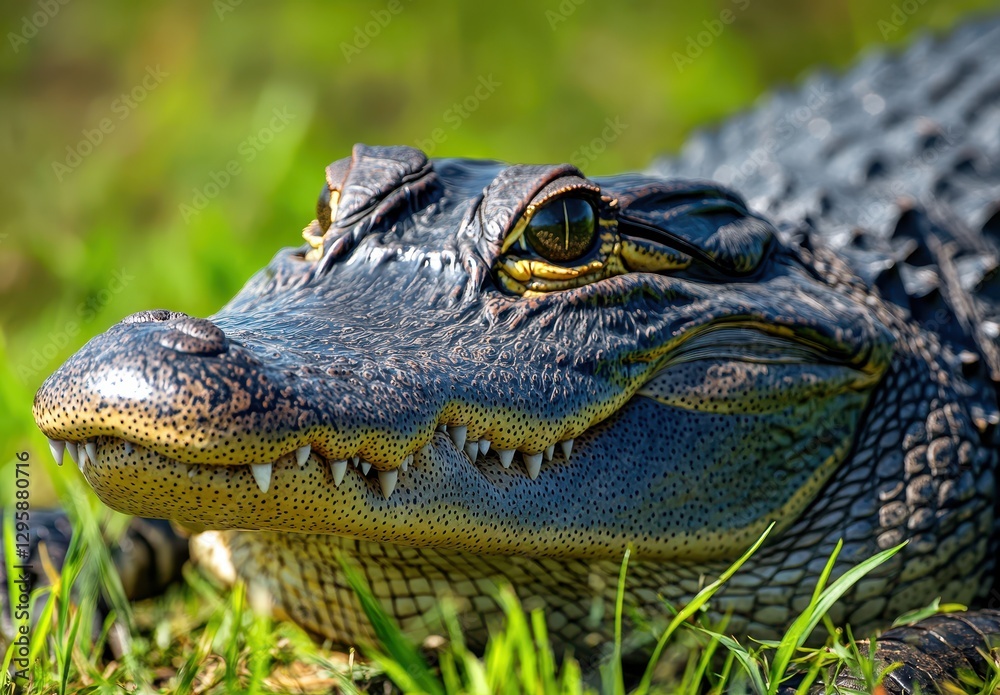 Fototapeta premium Close-Up of a Majestic Crocodile with Intricate Details Showcasing Sharp Teeth and Luminous Eyes Against a Natural Background of Lush Green Grass