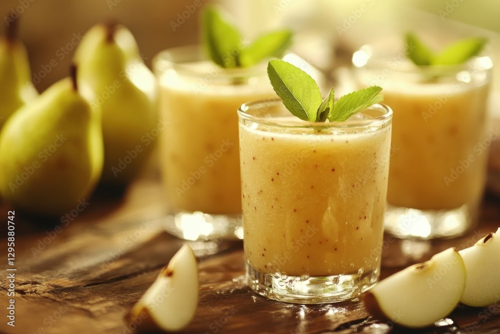 Pear Smoothie. Healthy Fruit Drink in Green Glasses with Fresh Ingredients Pear Smoothie. Healthy Fruit Drink in Green Glasses with Fresh Ingredients