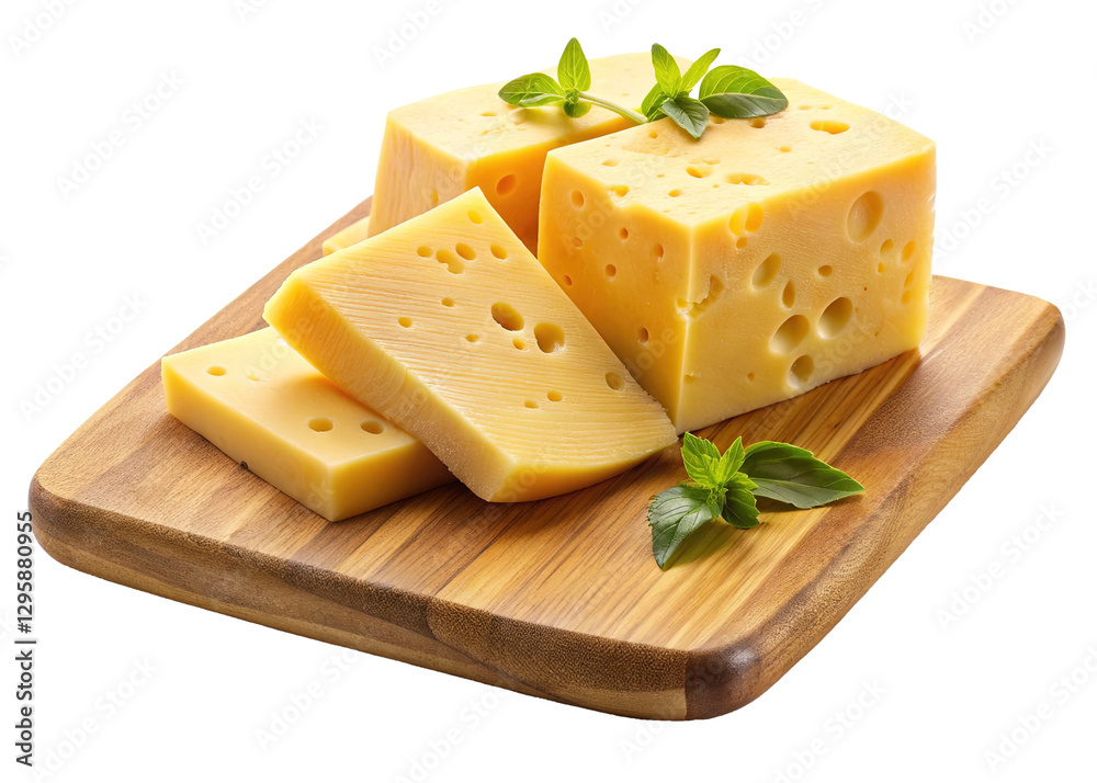 Piece of cheese with holes on cutting board-A wedge of cheese with characteristic holes placed on a bamboo cutting board, highlighting its texture and shape. Piece of cheese with holes on cutting board-A wedge of cheese with characteristic holes placed on a bamboo cutting board, highlighting its texture and shape.