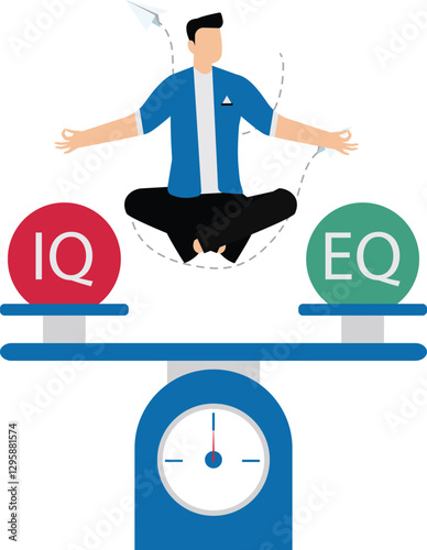 Businessman relaxing and meditate on the seesaw, balancing between IQ and EQ or Intelligence Quotient and Emotional Quotient