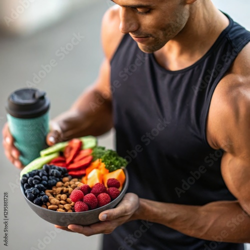 Healthy food and fitness lifestyle. 
Close-up of a muscular athlete holding energy-packed superfoods, sports nutrition essentials, performance-boosting diet.  Sports Nutrition
