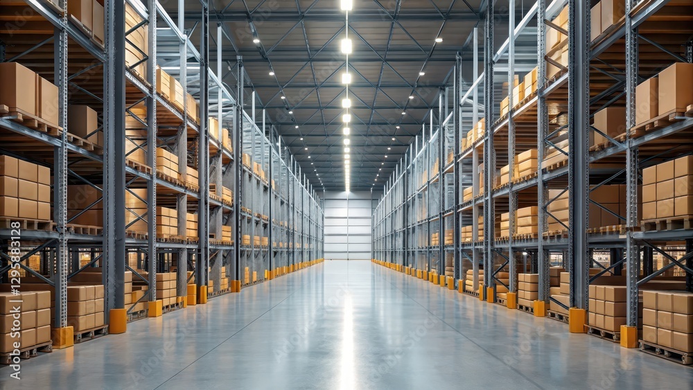 Warehouse data collection concept. A spacious warehouse lined with tall shelves filled with neatly stacked boxes, illuminated by bright overhead lights. Warehouse data collection concept. A spacious warehouse lined with tall shelves filled with neatly stacked boxes, illuminated by bright overhead lights.