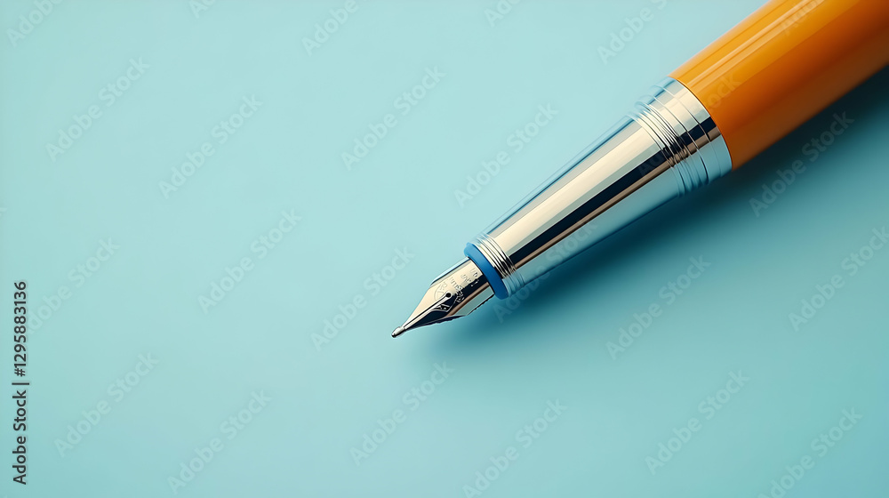 Photo - Orange and Silver Fountain Pen on Blue Background Photo - Orange and Silver Fountain Pen on Blue Background