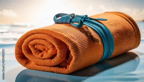 Close-Up of a Rolled-Up Beach Towel Secured with a Strap, Highlighting the Fabric Texture photo