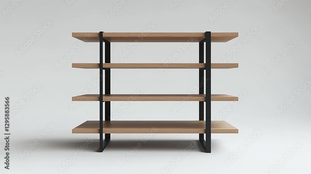Modern four-shelf wooden bookcase with black metal frame against white background. Modern four-shelf wooden bookcase with black metal frame against white background.